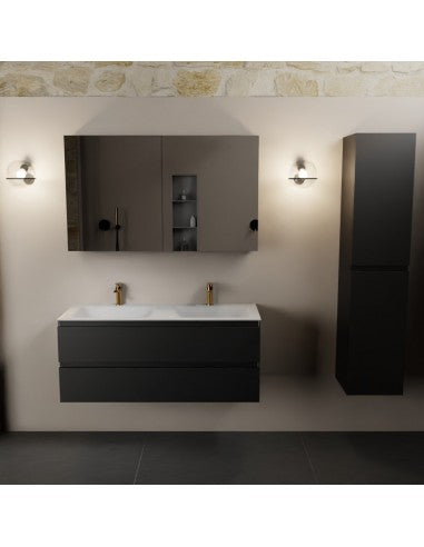 Aivy komplet badmiljø med spejlskab i MDF og solid surface med hanehuller B121 cm - Sort/Talkum